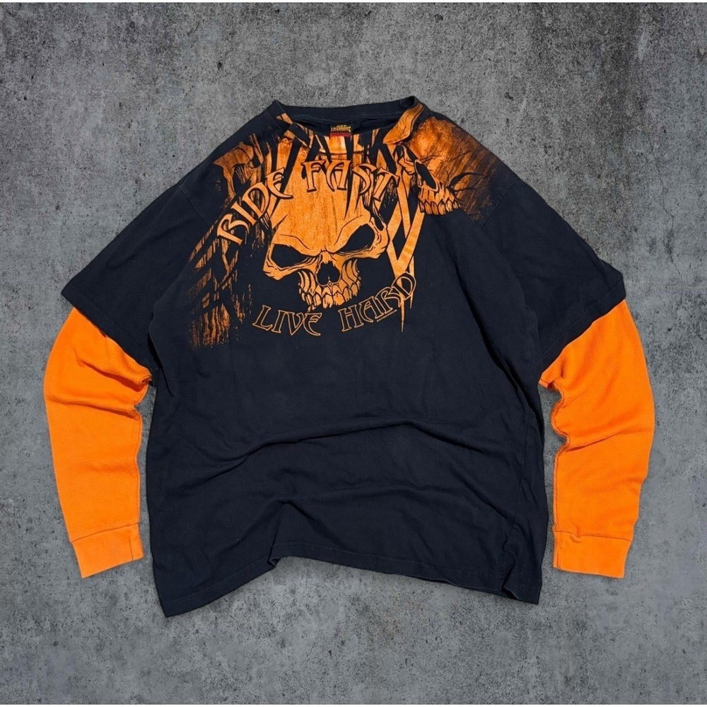 Hot Leathers Skulls Long Doubke Sleeve T Shirt Y2K Mens Size X Large